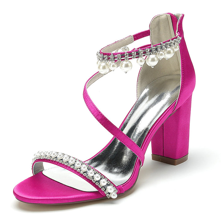 Chaussures de Mariage pour Femmes à Bout Ouvert, Talon Épais, Strass, Boucle en Perles, Chaussures de Mariée