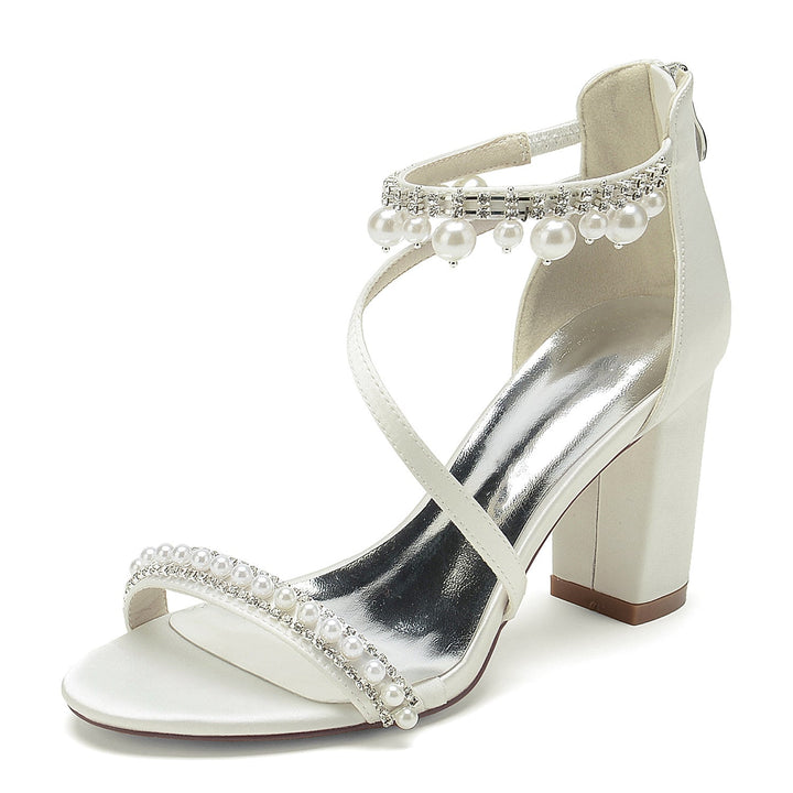 Chaussures de Mariage pour Femmes à Bout Ouvert, Talon Épais, Strass, Boucle en Perles, Chaussures de Mariée