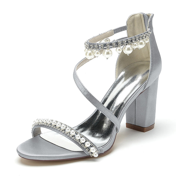 Chaussures de Mariage pour Femmes à Bout Ouvert, Talon Épais, Strass, Boucle en Perles, Chaussures de Mariée