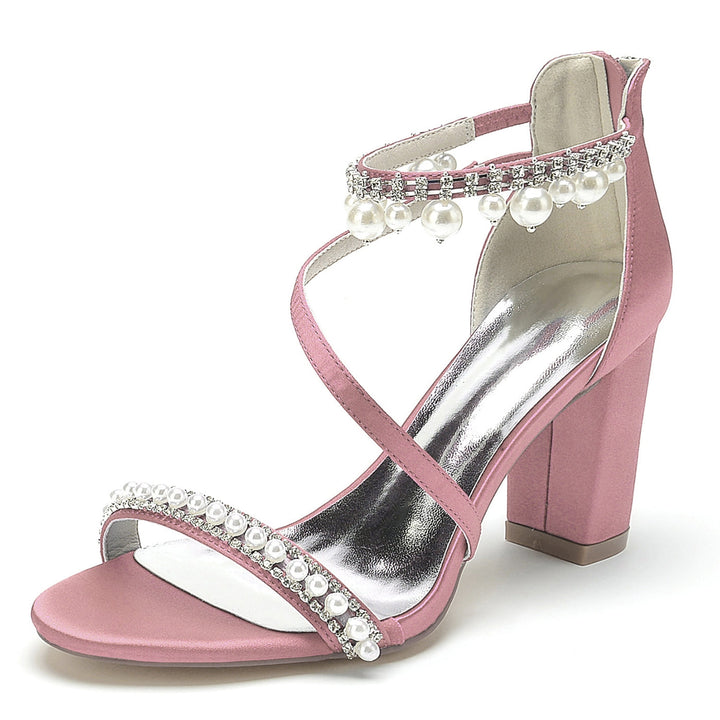 Chaussures de Mariage pour Femmes à Bout Ouvert, Talon Épais, Strass, Boucle en Perles, Chaussures de Mariée