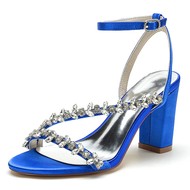 Chaussures de Mariage pour Femmes, Chaussures de Mariée Blanches à Lanières et Strass, Bout Ouvert, Talon Bloc