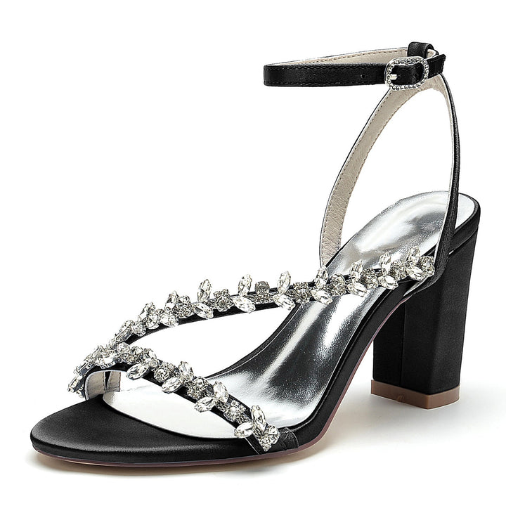 Chaussures de Mariage pour Femmes, Chaussures de Mariée Blanches à Lanières et Strass, Bout Ouvert, Talon Bloc
