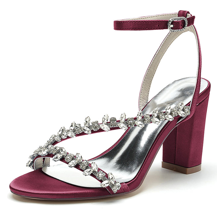 Chaussures de Mariage pour Femmes, Chaussures de Mariée Blanches à Lanières et Strass, Bout Ouvert, Talon Bloc
