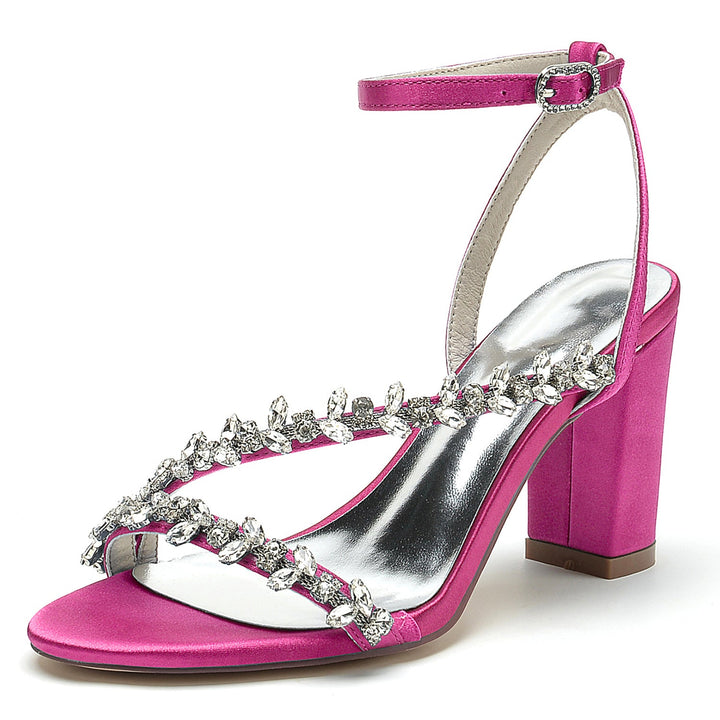 Chaussures de Mariage pour Femmes, Chaussures de Mariée Blanches à Lanières et Strass, Bout Ouvert, Talon Bloc
