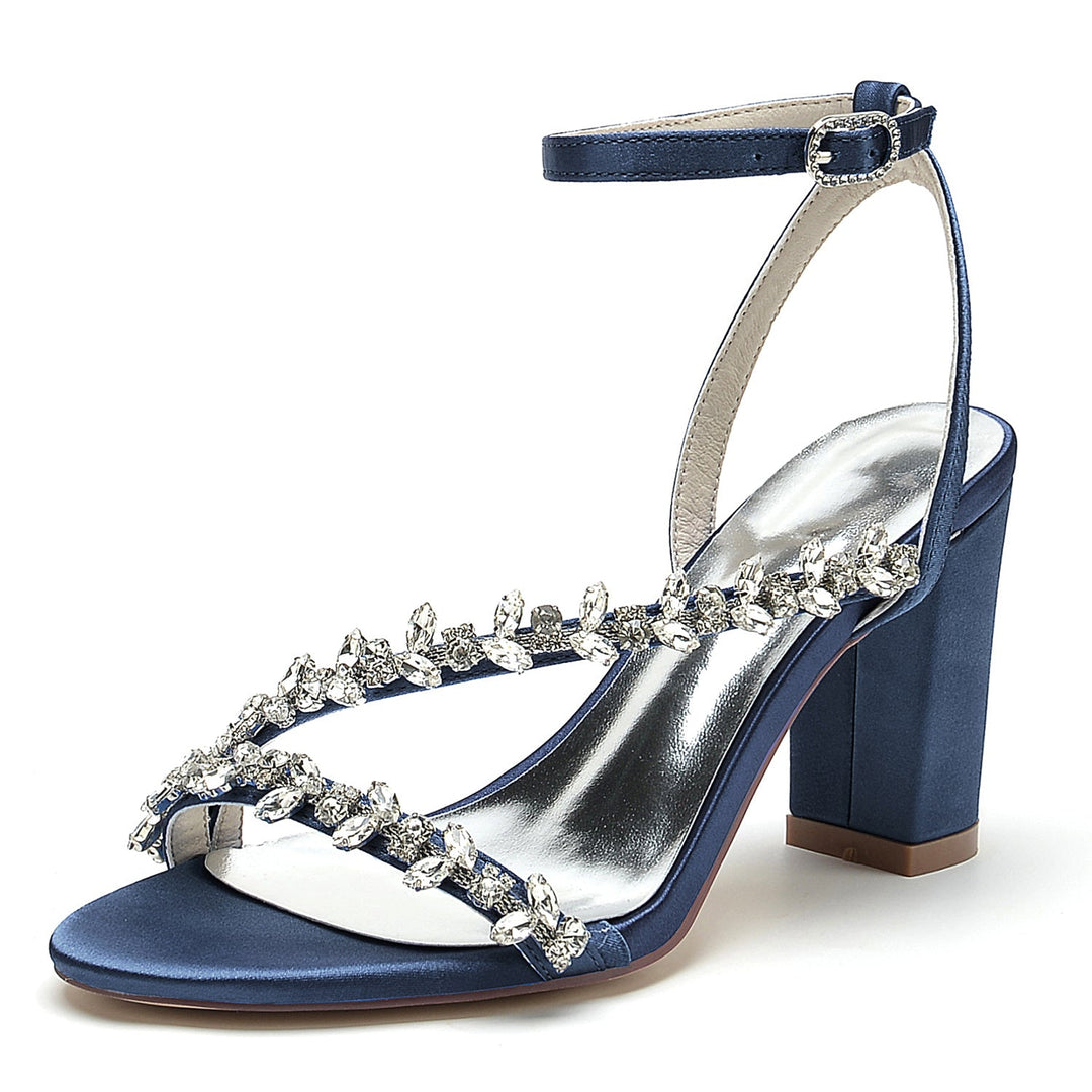 Chaussures de Mariage pour Femmes, Chaussures de Mariée Blanches à Lanières et Strass, Bout Ouvert, Talon Bloc