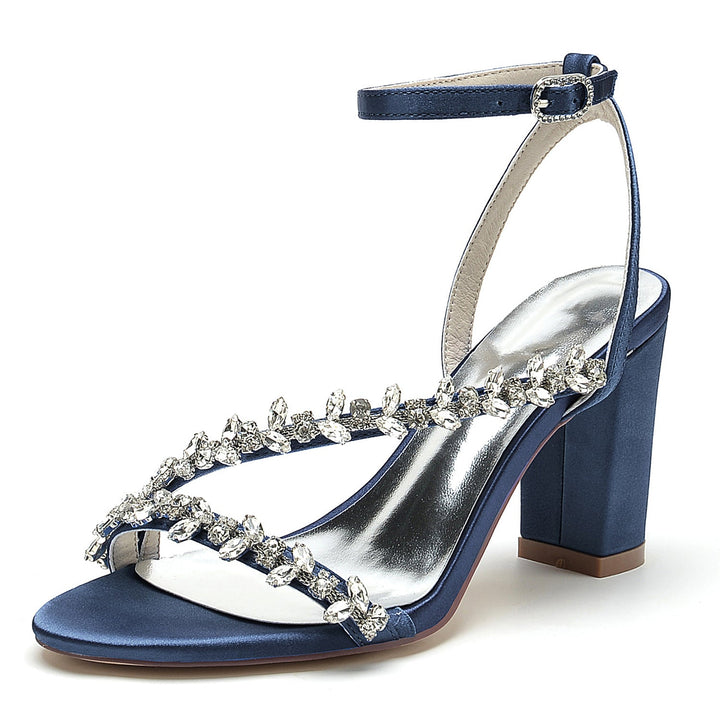 Chaussures de Mariage pour Femmes, Chaussures de Mariée Blanches à Lanières et Strass, Bout Ouvert, Talon Bloc