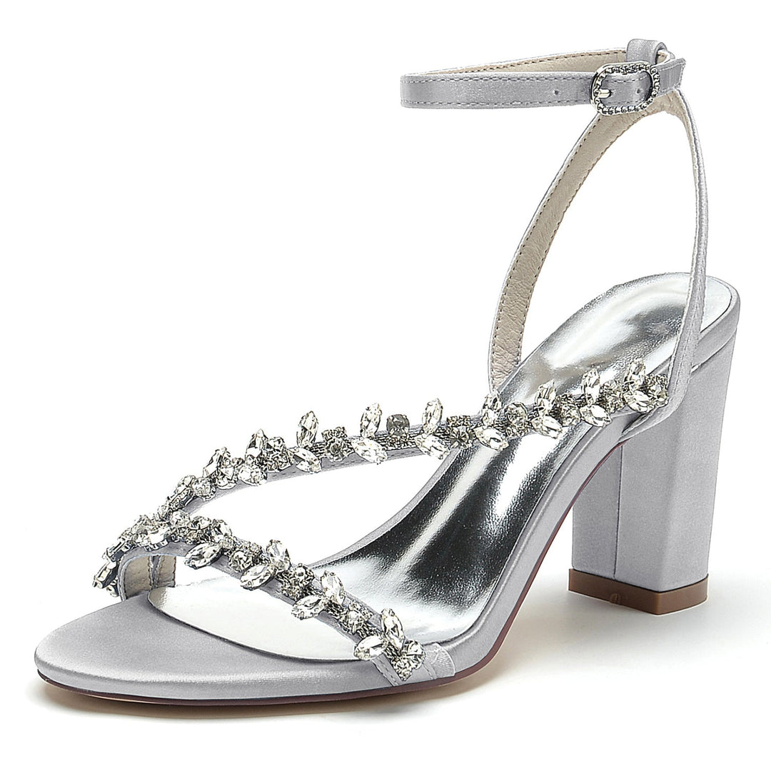 Chaussures de Mariage pour Femmes, Chaussures de Mariée Blanches à Lanières et Strass, Bout Ouvert, Talon Bloc