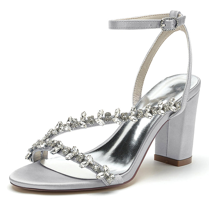 Chaussures de Mariage pour Femmes, Chaussures de Mariée Blanches à Lanières et Strass, Bout Ouvert, Talon Bloc