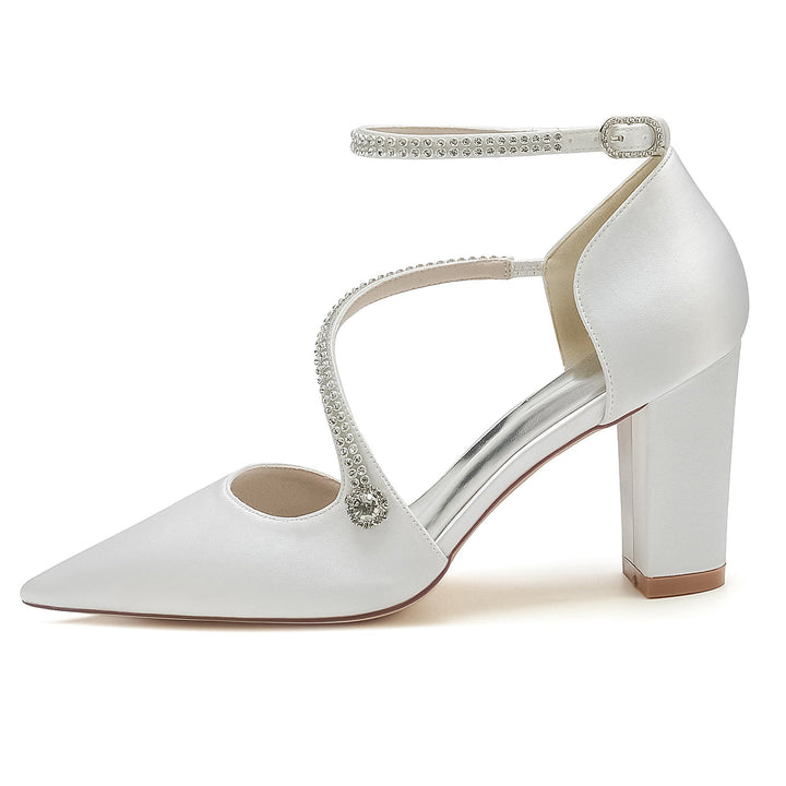Chaussures de Mariage pour Femmes Mini Strass Bloc Bout Pointu Boucle Chaussures de Mariée