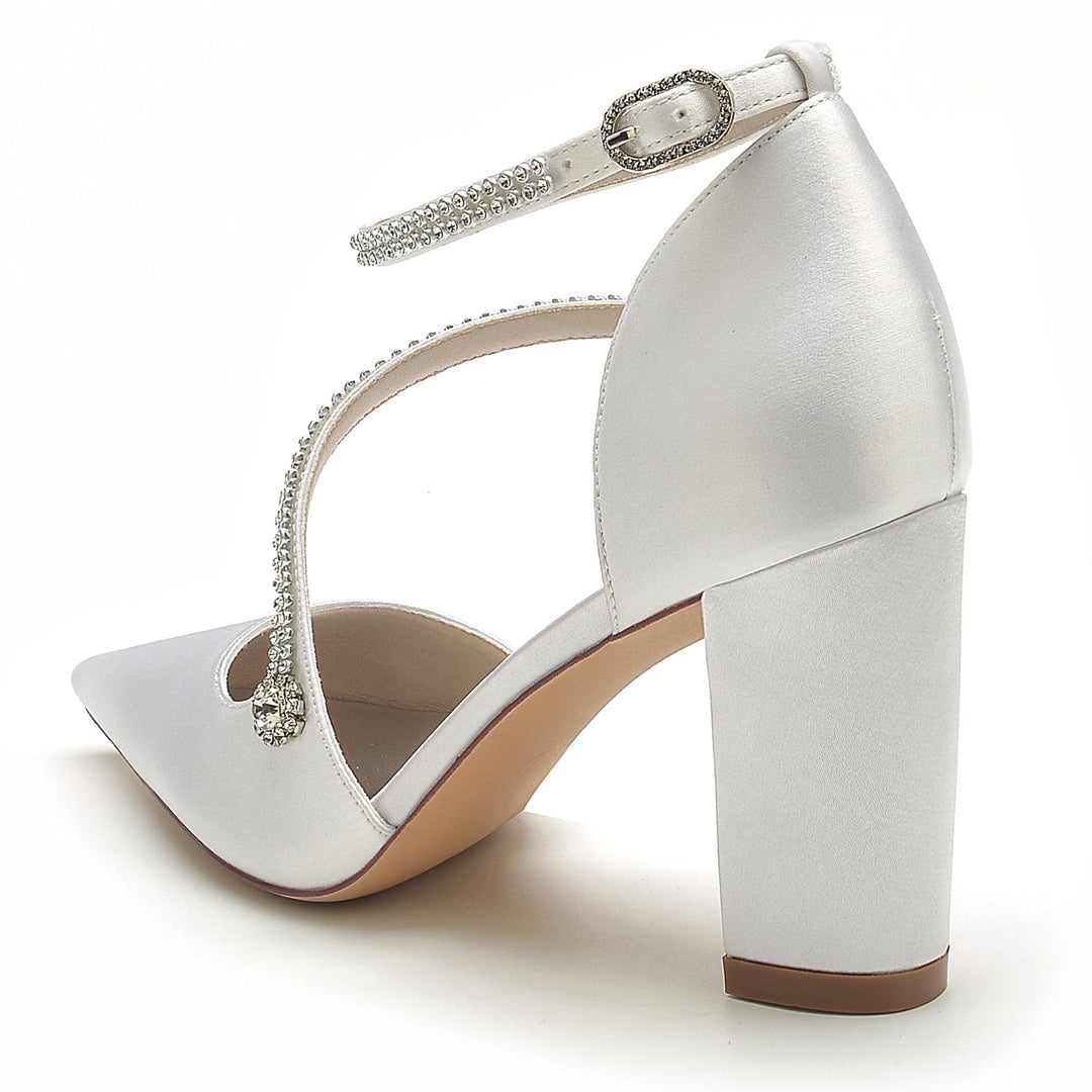 Chaussures de Mariage pour Femmes Mini Strass Bloc Bout Pointu Boucle Chaussures de Mariée