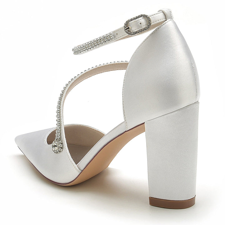 Chaussures de Mariage pour Femmes Mini Strass Bloc Bout Pointu Boucle Chaussures de Mariée