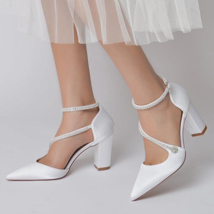 Chaussures de Mariage pour Femmes Mini Strass Bloc Bout Pointu Boucle Chaussures de Mariée
