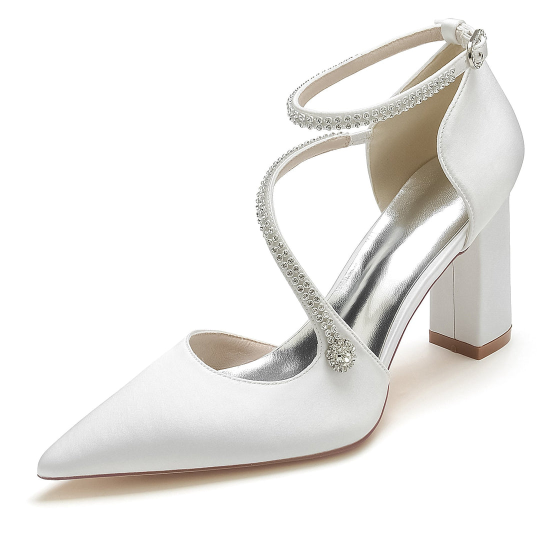 Chaussures de Mariage pour Femmes Mini Strass Bloc Bout Pointu Boucle Chaussures de Mariée