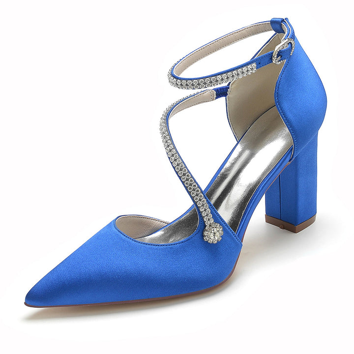Chaussures de Mariage pour Femmes Mini Strass Bloc Bout Pointu Boucle Chaussures de Mariée