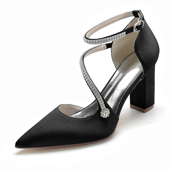 Chaussures de Mariage pour Femmes Mini Strass Bloc Bout Pointu Boucle Chaussures de Mariée