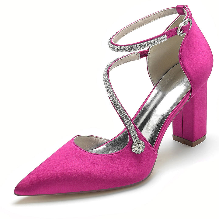 Chaussures de Mariage pour Femmes Mini Strass Bloc Bout Pointu Boucle Chaussures de Mariée