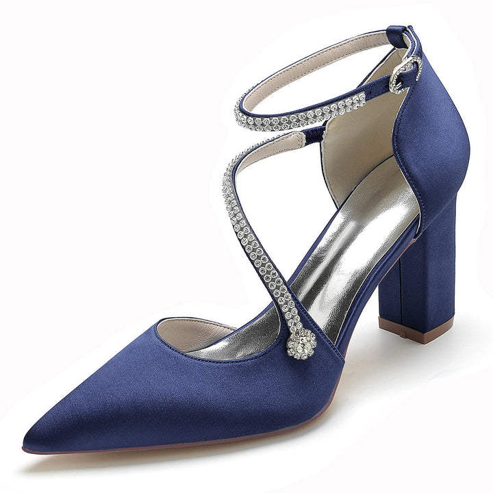 Chaussures de Mariage pour Femmes Mini Strass Bloc Bout Pointu Boucle Chaussures de Mariée