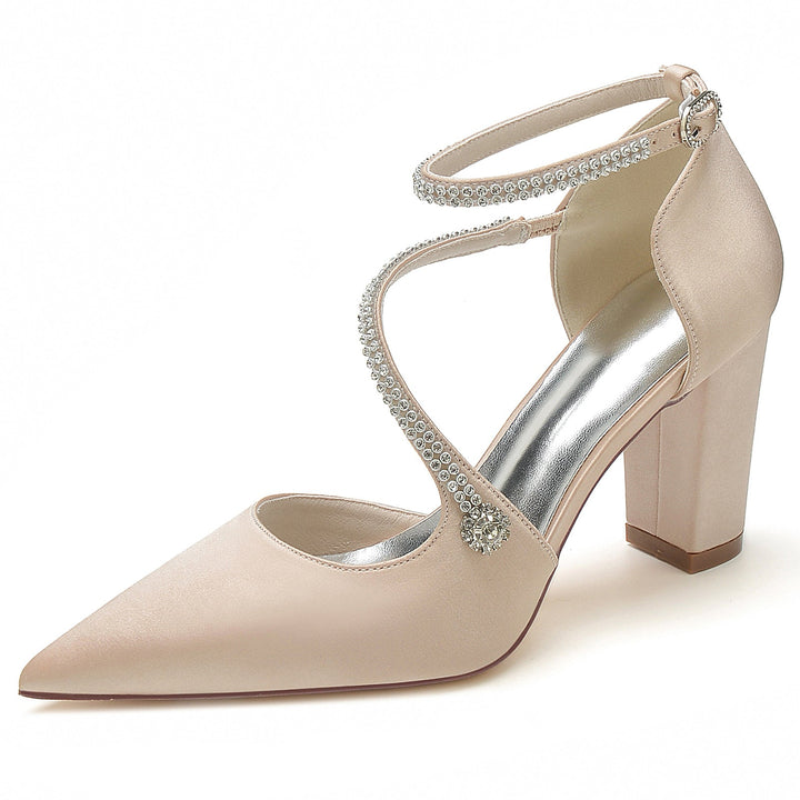 Chaussures de Mariage pour Femmes Mini Strass Bloc Bout Pointu Boucle Chaussures de Mariée