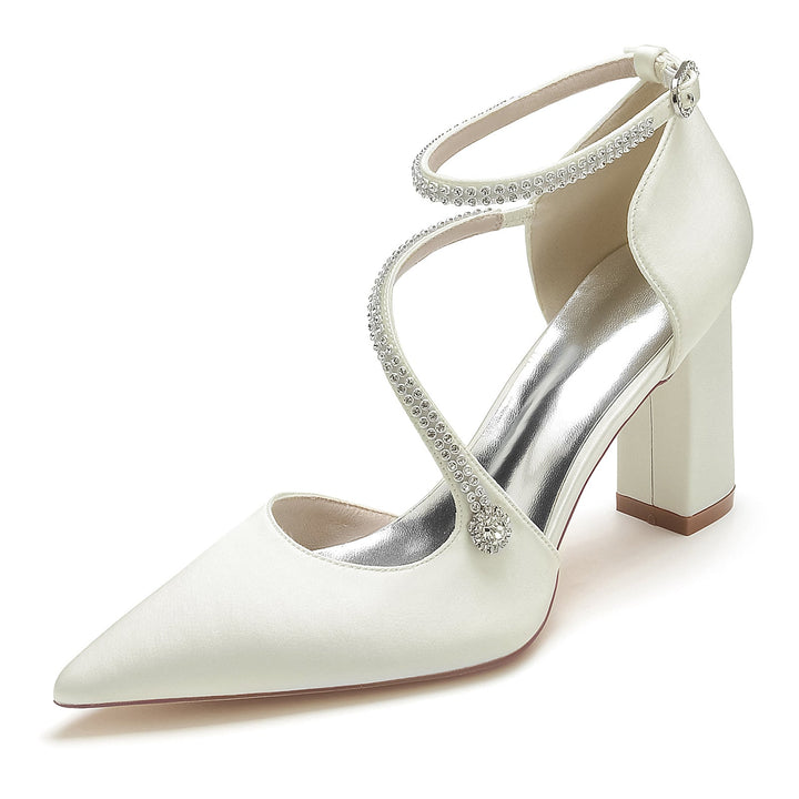 Chaussures de Mariage pour Femmes Mini Strass Bloc Bout Pointu Boucle Chaussures de Mariée