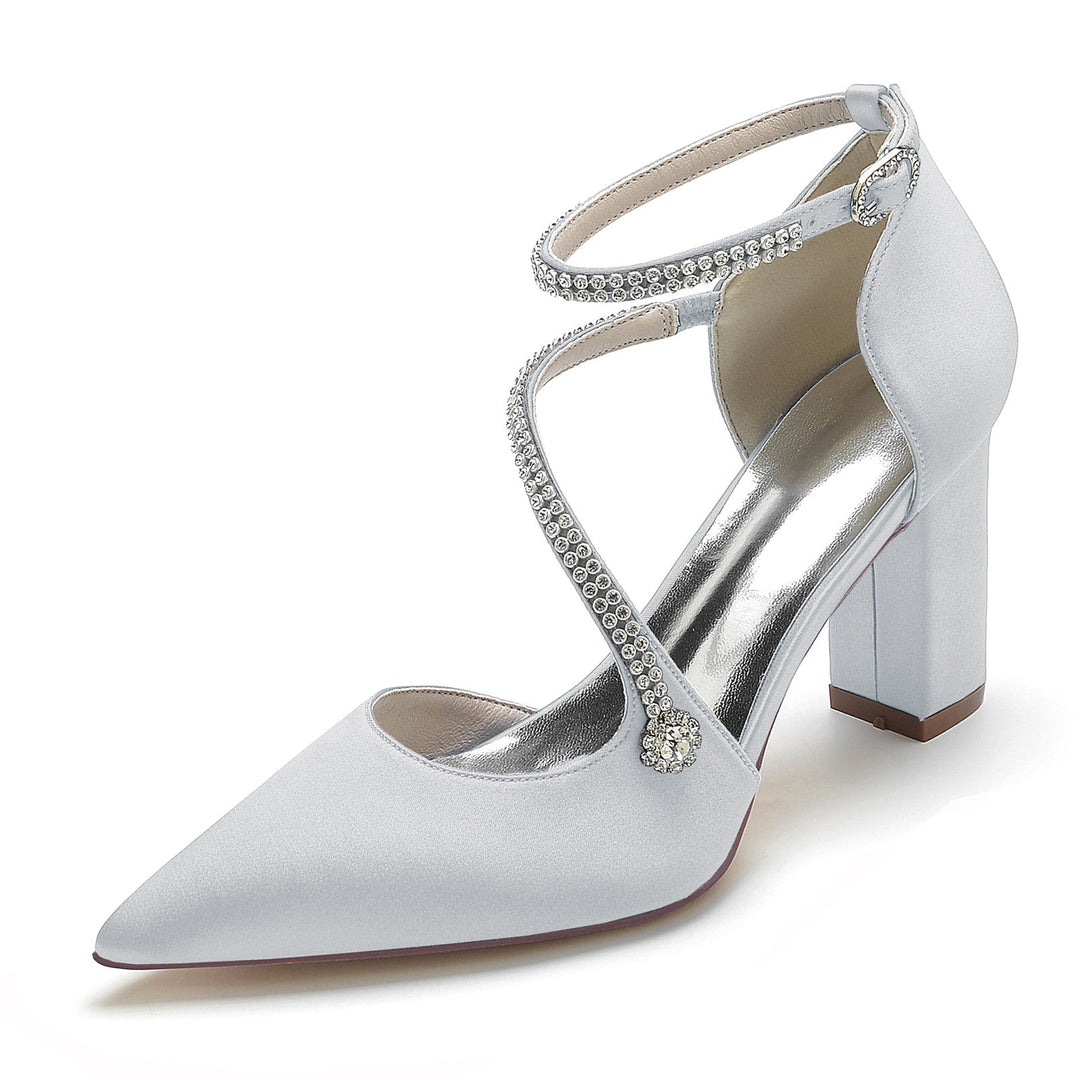 Chaussures de Mariage pour Femmes Mini Strass Bloc Bout Pointu Boucle Chaussures de Mariée