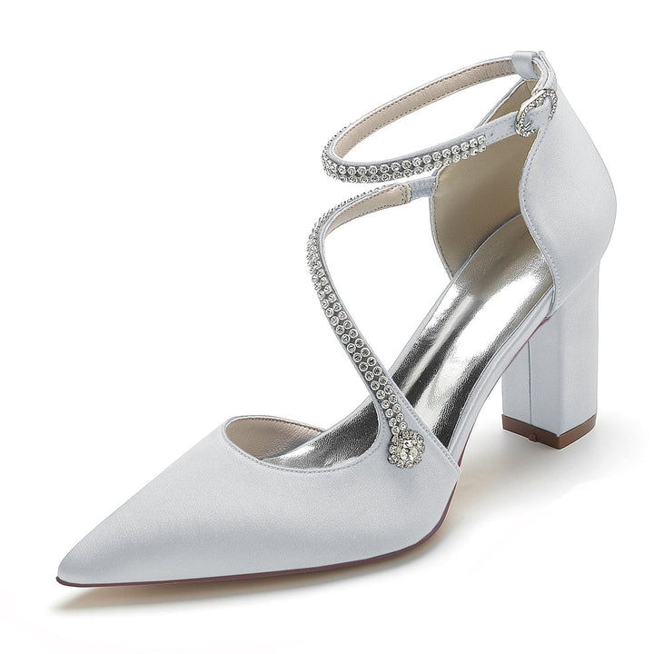 Chaussures de Mariage pour Femmes Mini Strass Bloc Bout Pointu Boucle Chaussures de Mariée