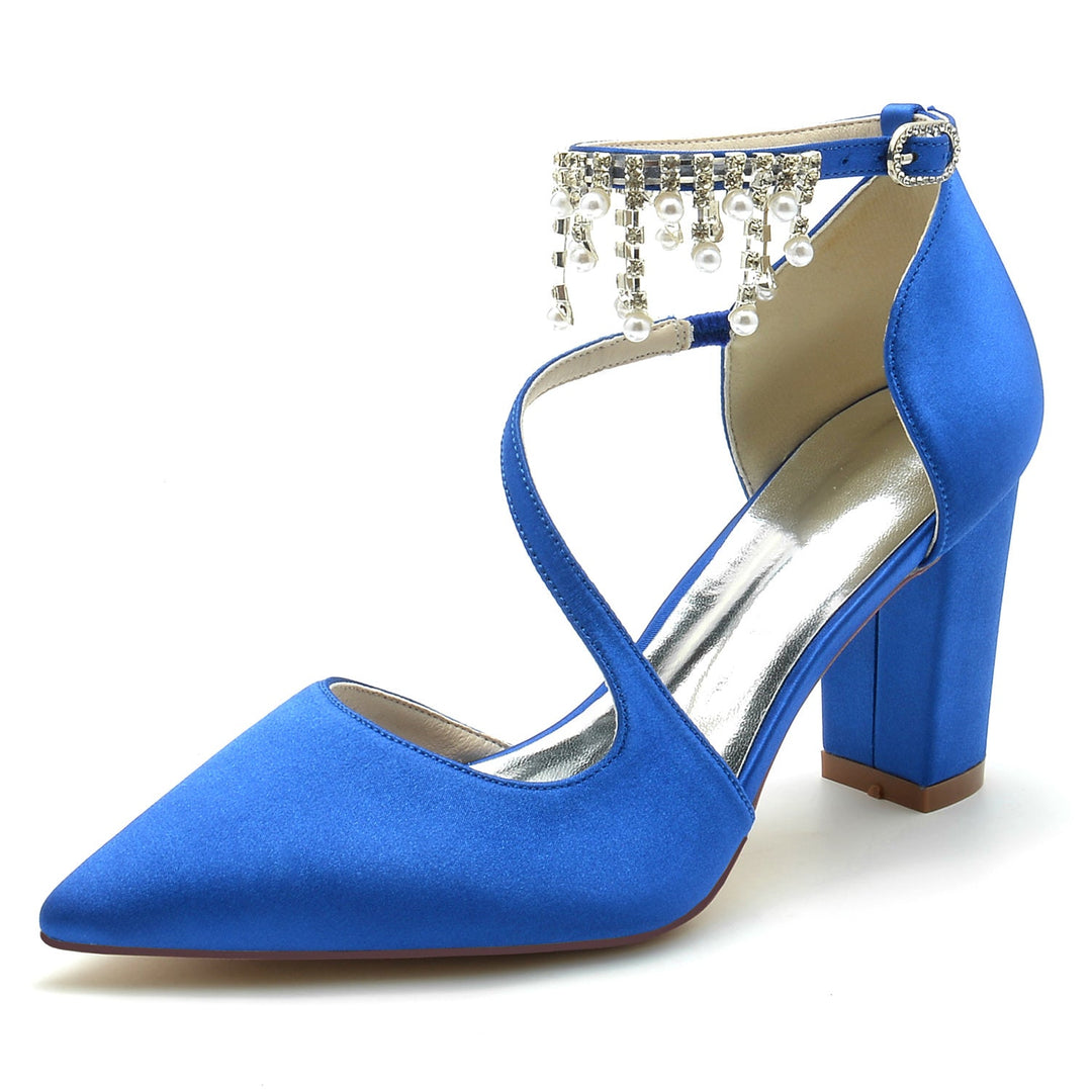 Chaussures de Mariage pour Femmes en Satin de Soie et Perles, Chaussures de Mariée à Bout Pointu et Boucle