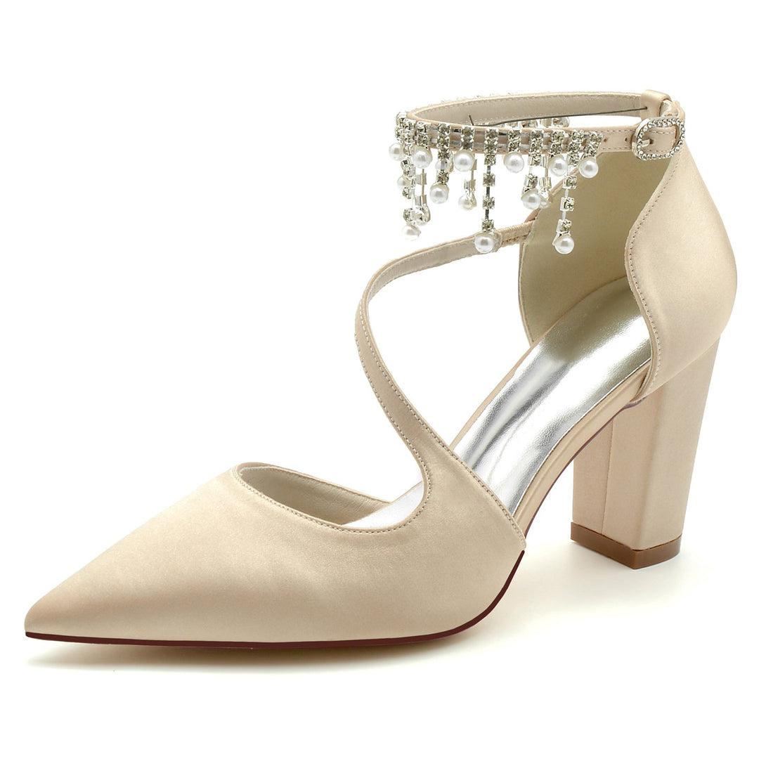 Chaussures de Mariage pour Femmes en Satin de Soie et Perles, Chaussures de Mariée à Bout Pointu et Boucle