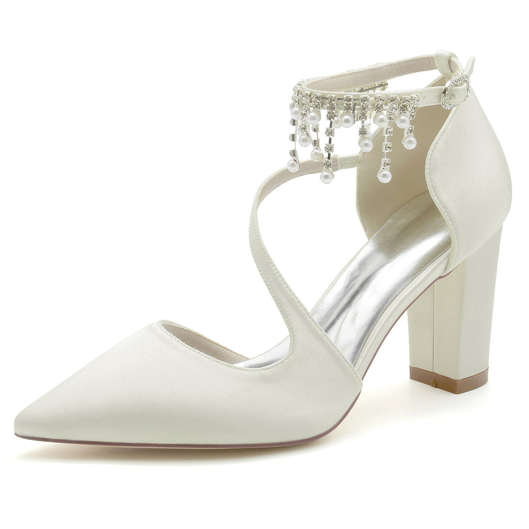 Chaussures de Mariage pour Femmes en Satin de Soie et Perles, Chaussures de Mariée à Bout Pointu et Boucle