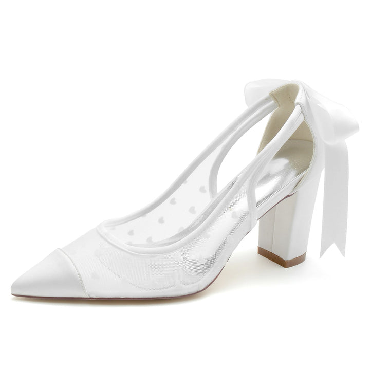 Chaussures de Mariage pour Femmes en Dentelle à Bout Pointu et Nœud Papillon