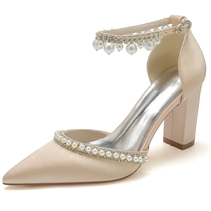 Chaussures de Mariée à Talon Bloc et Bout Pointu avec Strass et Perles pour Femmes