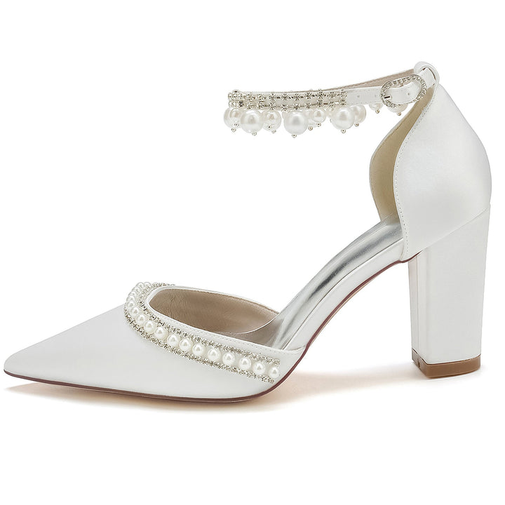 Chaussures de Mariée à Talon Bloc et Bout Pointu avec Strass et Perles pour Femmes