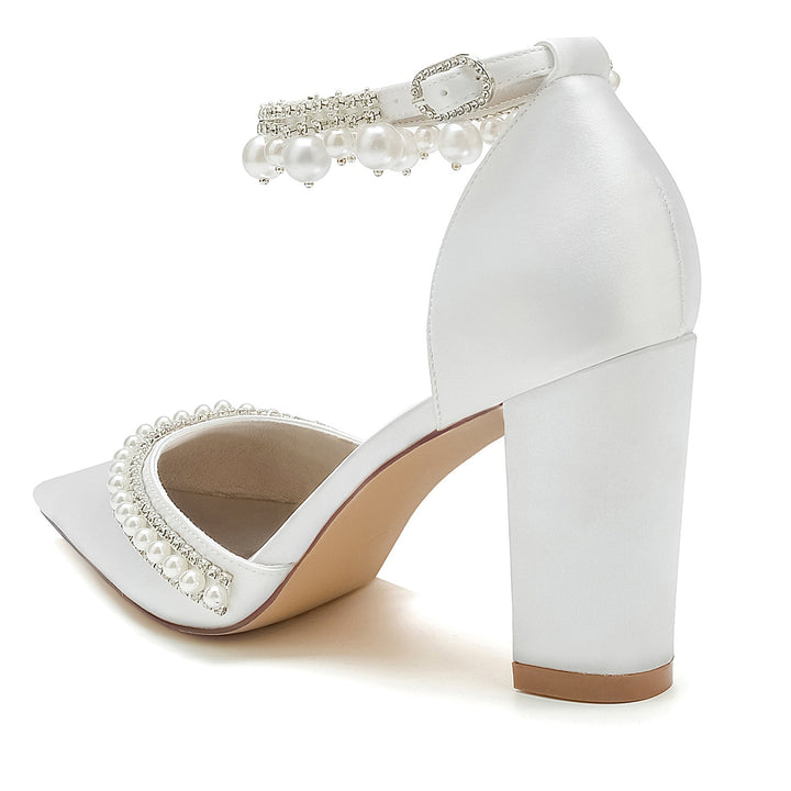Chaussures de Mariée à Talon Bloc et Bout Pointu avec Strass et Perles pour Femmes