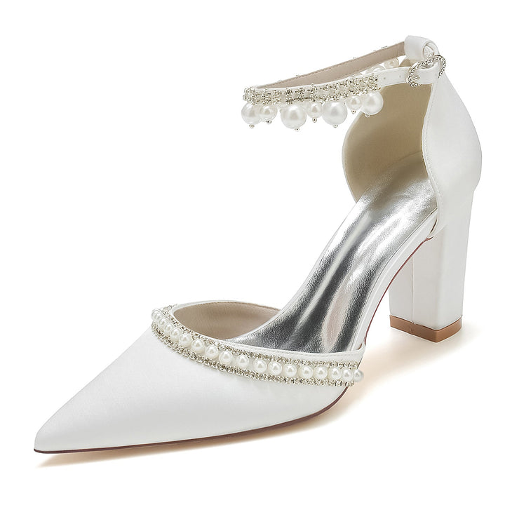 Chaussures de Mariée à Talon Bloc et Bout Pointu avec Strass et Perles pour Femmes