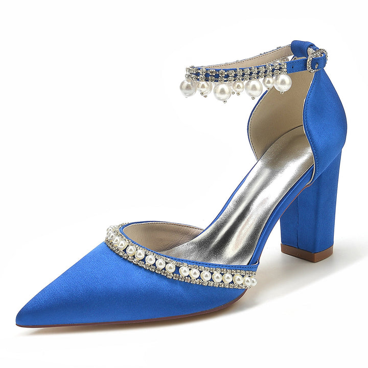 Chaussures de Mariée à Talon Bloc et Bout Pointu avec Strass et Perles pour Femmes