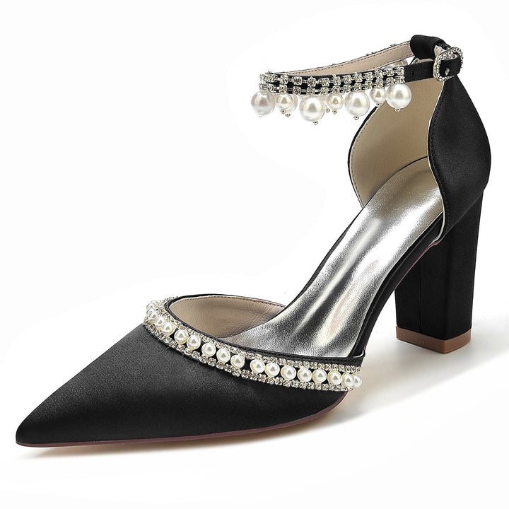 Chaussures de Mariée à Talon Bloc et Bout Pointu avec Strass et Perles pour Femmes