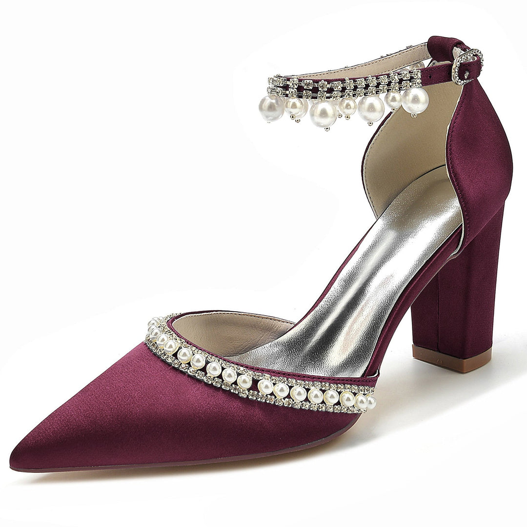 Chaussures de Mariée à Talon Bloc et Bout Pointu avec Strass et Perles pour Femmes