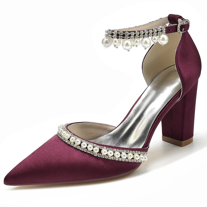 Chaussures de Mariée à Talon Bloc et Bout Pointu avec Strass et Perles pour Femmes