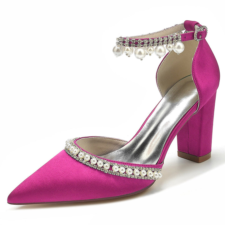 Chaussures de Mariée à Talon Bloc et Bout Pointu avec Strass et Perles pour Femmes