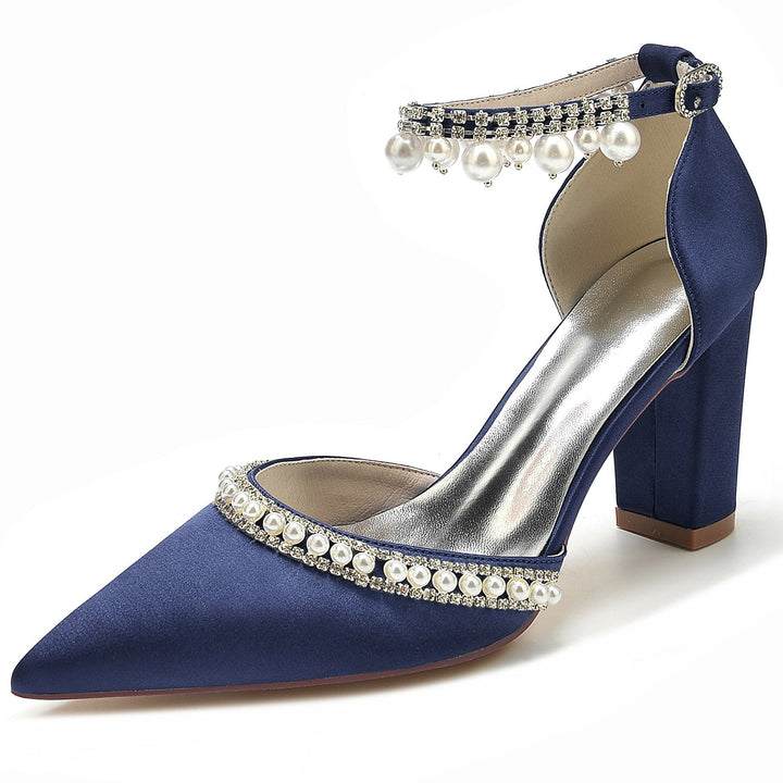 Chaussures de Mariée à Talon Bloc et Bout Pointu avec Strass et Perles pour Femmes