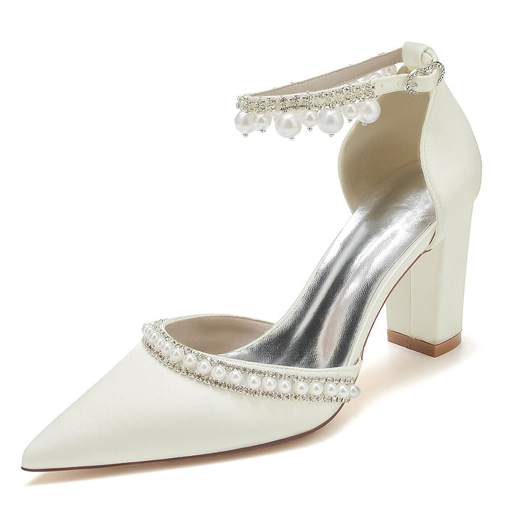 Chaussures de Mariée à Talon Bloc et Bout Pointu avec Strass et Perles pour Femmes