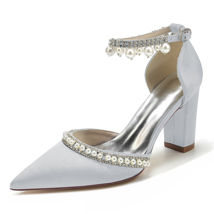 Chaussures de Mariée à Talon Bloc et Bout Pointu avec Strass et Perles pour Femmes