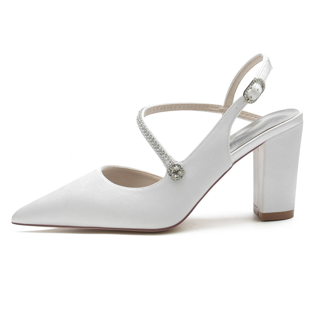 Chaussures de Mariage pour Femmes en Satin de Soie et Cristal, Talon Bloc, Bout Pointu, Boucle, Chaussures de Mariée