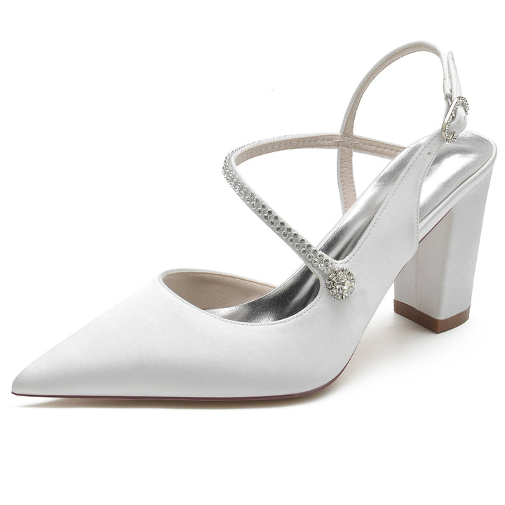 Chaussures de Mariage pour Femmes en Satin de Soie et Cristal, Talon Bloc, Bout Pointu, Boucle, Chaussures de Mariée