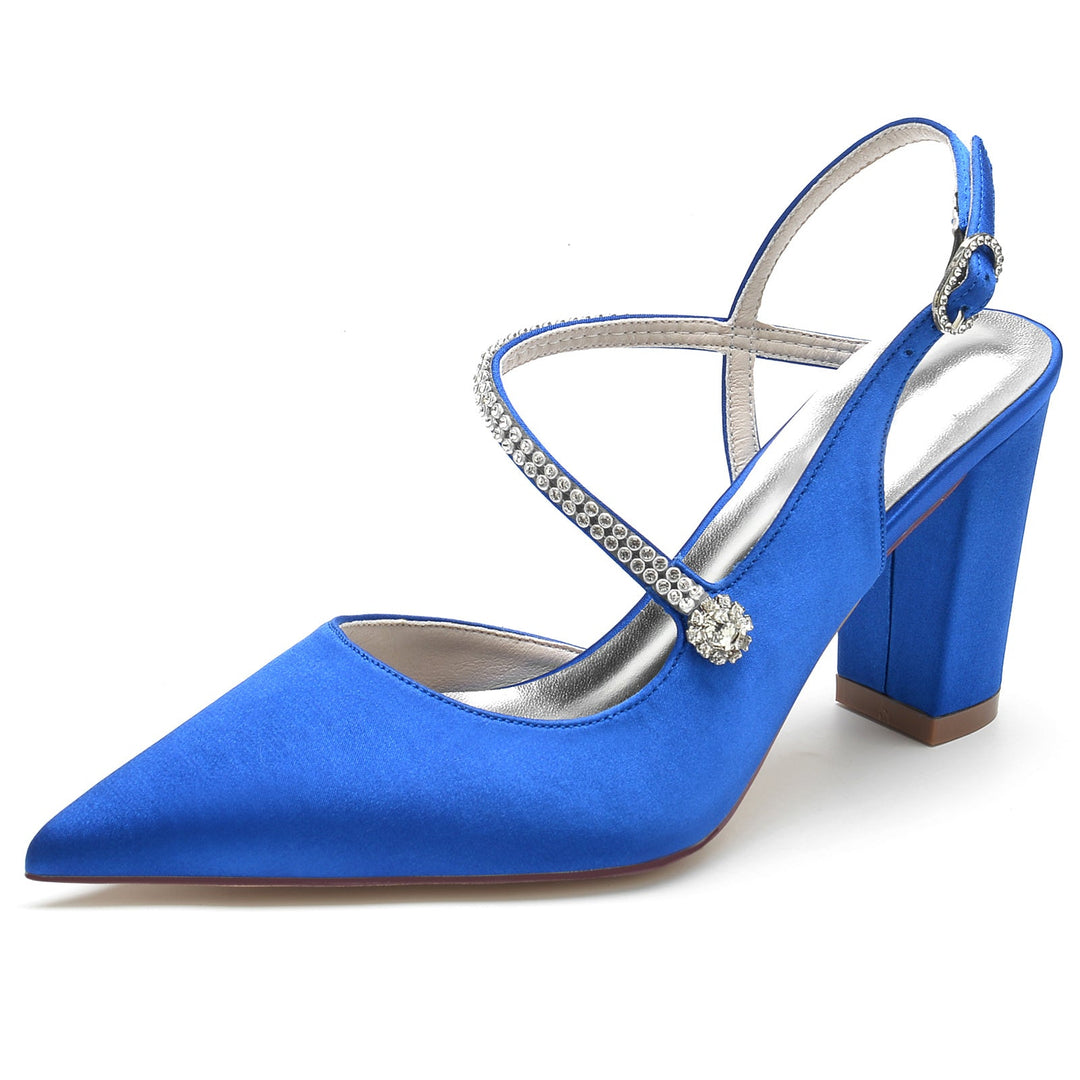 Chaussures de Mariage pour Femmes en Satin de Soie et Cristal, Talon Bloc, Bout Pointu, Boucle, Chaussures de Mariée