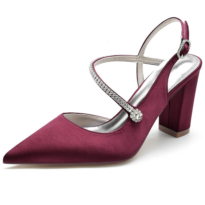 Chaussures de Mariage pour Femmes en Satin de Soie et Cristal, Talon Bloc, Bout Pointu, Boucle, Chaussures de Mariée