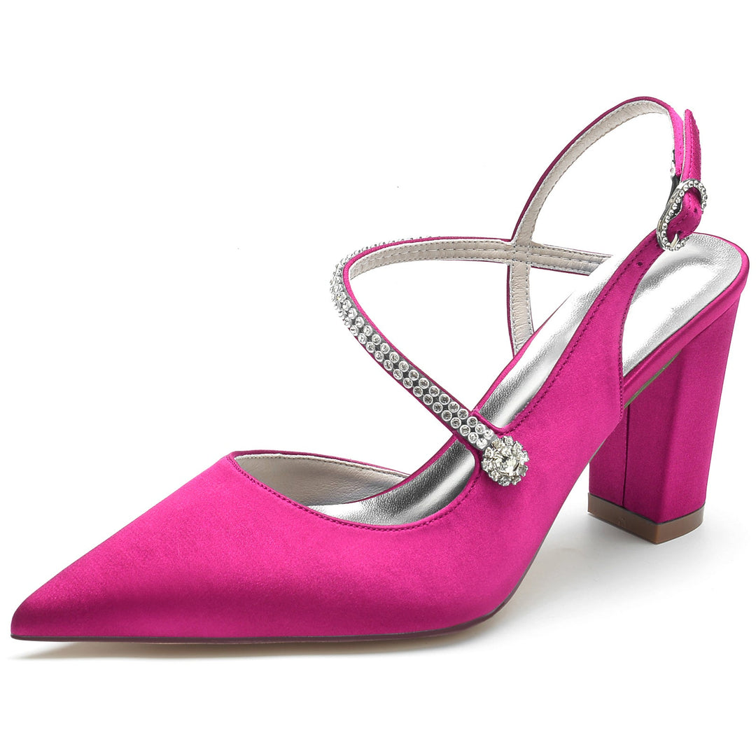Chaussures de Mariage pour Femmes en Satin de Soie et Cristal, Talon Bloc, Bout Pointu, Boucle, Chaussures de Mariée