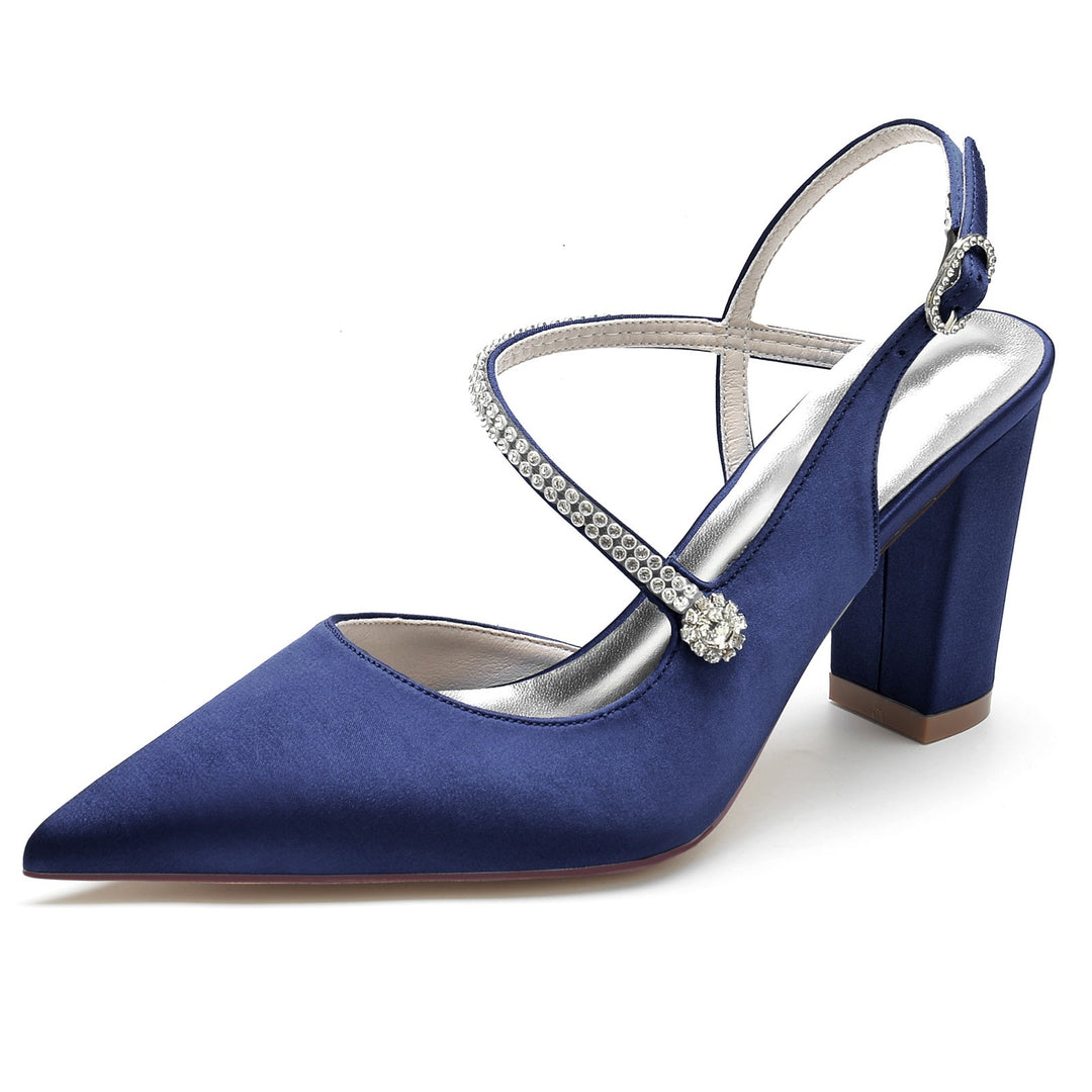 Chaussures de Mariage pour Femmes en Satin de Soie et Cristal, Talon Bloc, Bout Pointu, Boucle, Chaussures de Mariée