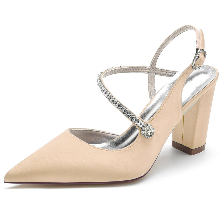 Chaussures de Mariage pour Femmes en Satin de Soie et Cristal, Talon Bloc, Bout Pointu, Boucle, Chaussures de Mariée