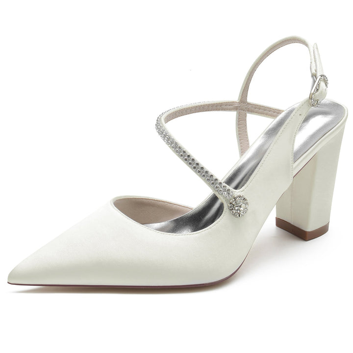 Chaussures de Mariage pour Femmes en Satin de Soie et Cristal, Talon Bloc, Bout Pointu, Boucle, Chaussures de Mariée