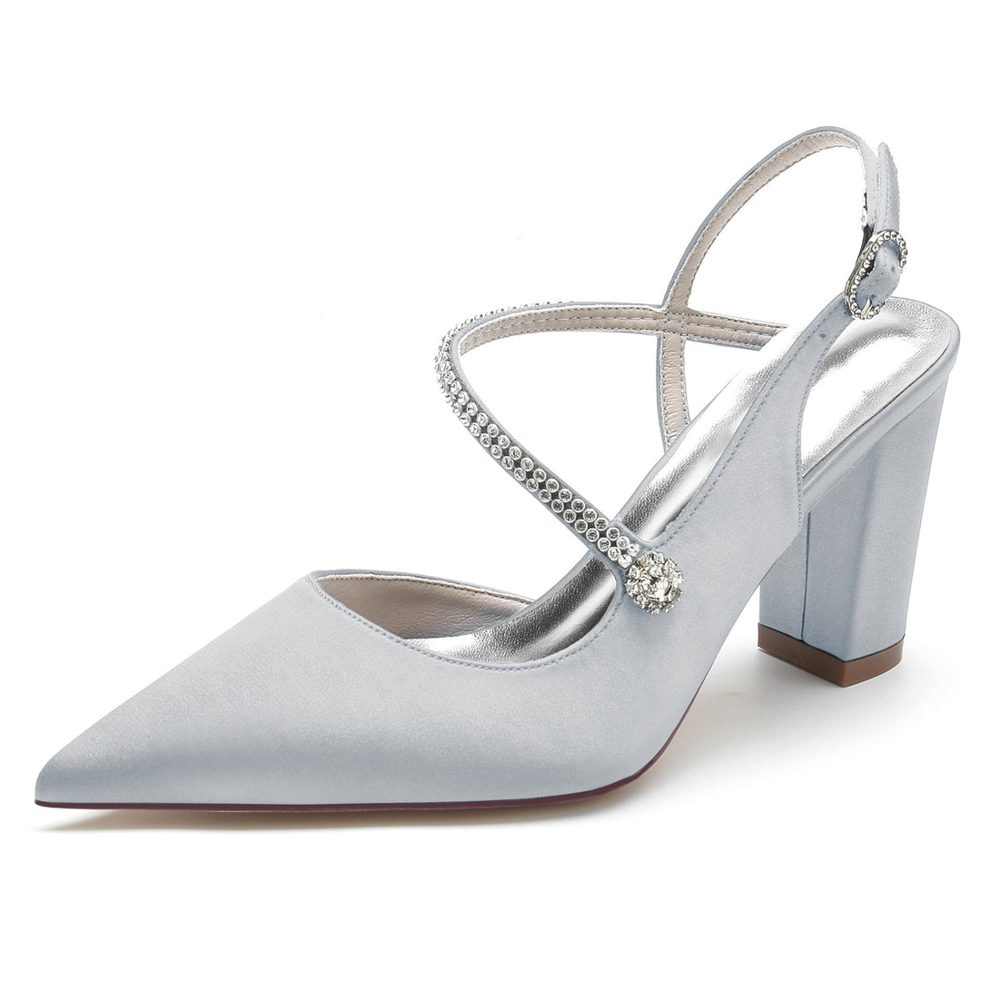 Chaussures de Mariage pour Femmes en Satin de Soie et Cristal, Talon Bloc, Bout Pointu, Boucle, Chaussures de Mariée
